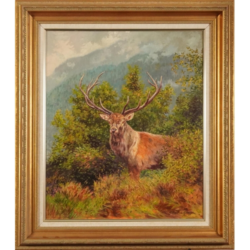 1324 - J Hamilton-George - Stag in a landscape, oil on canvas, mounted and framed, 60cm x 49.5cm excluding ... 