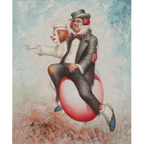 1341 - William Moninet - Two clowns riding balloons, comical oil on canvas, mounted and framed, 59.5cm x 49... 