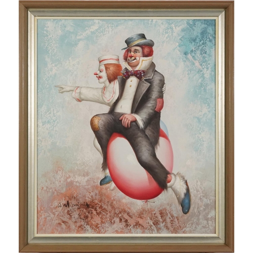 1341 - William Moninet - Two clowns riding balloons, comical oil on canvas, mounted and framed, 59.5cm x 49... 