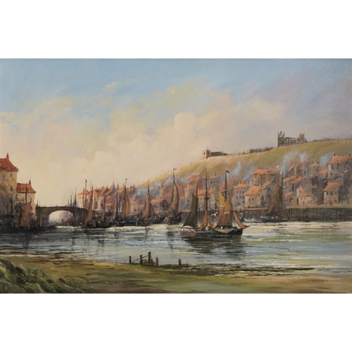 393 - Colin Russell - Old Whitby harbour scene, Impressionist oil on canvas, mounted and framed, 74cm x 50... 