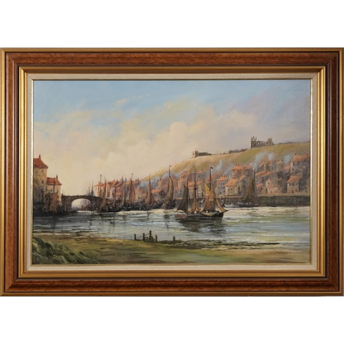 393 - Colin Russell - Old Whitby harbour scene, Impressionist oil on canvas, mounted and framed, 74cm x 50... 