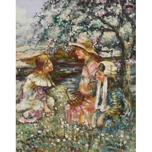 1122 - Thurmond - Three children collecting flowers beside water, Modern British oil on canvas, mounted and... 