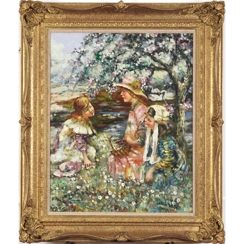 1122 - Thurmond - Three children collecting flowers beside water, Modern British oil on canvas, mounted and... 