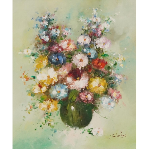 364 - Tan Devilles - Still life flowers in a vase, Impressionist oil on canvas, mounted and framed, 60cm x... 