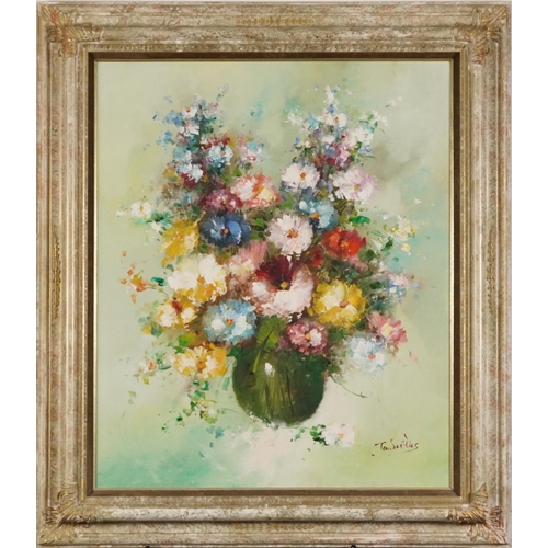 364 - Tan Devilles - Still life flowers in a vase, Impressionist oil on canvas, mounted and framed, 60cm x... 