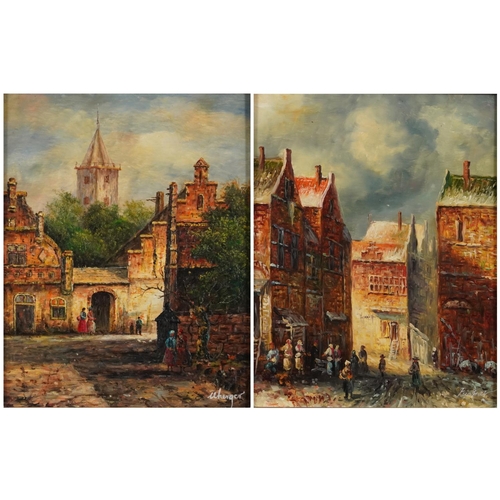 1801 - Continental street scenes, matched pair of of oil on wood panels, Danson Gallery labels verso, mount... 