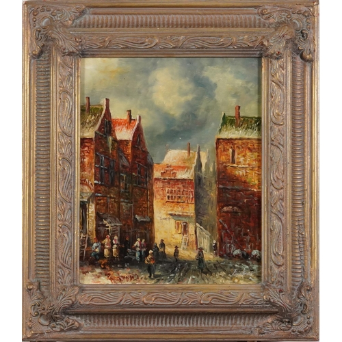 1801 - Continental street scenes, matched pair of of oil on wood panels, Danson Gallery labels verso, mount... 