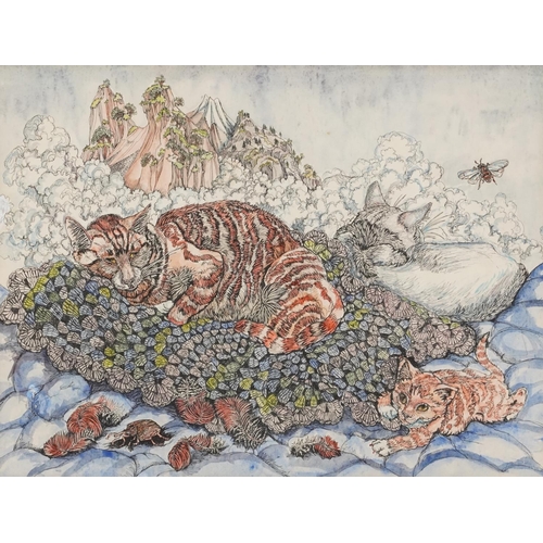 143 - Two cats and insects before mountains, Surreal school heightened ink and watercolour, mounted, frame... 