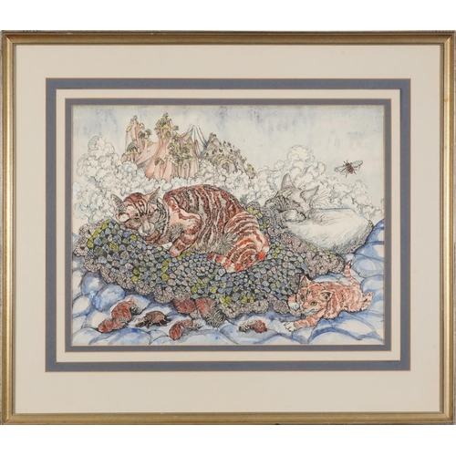 143 - Two cats and insects before mountains, Surreal school heightened ink and watercolour, mounted, frame... 