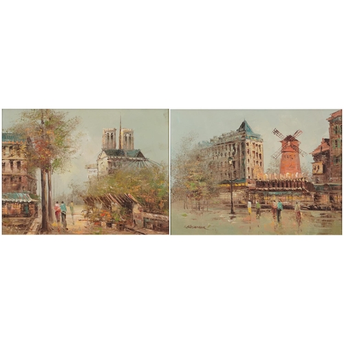 504 - L Alesander - Parisian street scenes, pair of French Impressionist oil on boards, mounted and framed... 