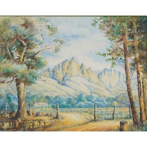 141 - E Reyburn - Jonkers Hop Valley Stellenbosch, signed watercolour, Durban label verso, mounted, framed... 