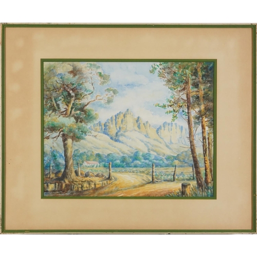 141 - E Reyburn - Jonkers Hop Valley Stellenbosch, signed watercolour, Durban label verso, mounted, framed... 