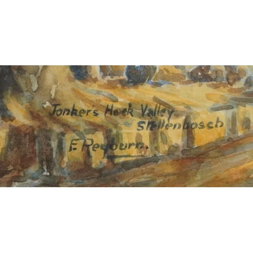 141 - E Reyburn - Jonkers Hop Valley Stellenbosch, signed watercolour, Durban label verso, mounted, framed... 