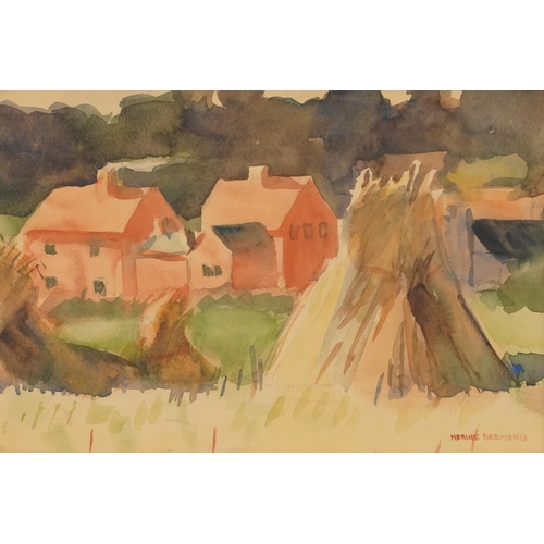 469 - Nerine Desmond - Farm buildings through Stouks, signed watercolour, mounted, framed and glazed, 24.5... 