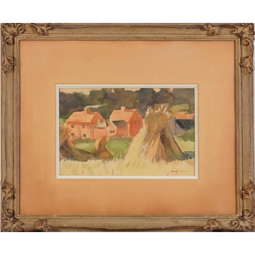 469 - Nerine Desmond - Farm buildings through Stouks, signed watercolour, mounted, framed and glazed, 24.5... 