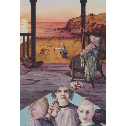 468 - Sunset with grandfather on balcony and street artist, watercolour, mounted, framed and glazed, 29.5c... 