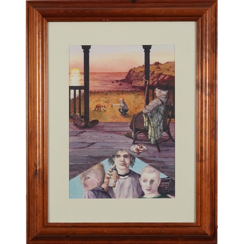 468 - Sunset with grandfather on balcony and street artist, watercolour, mounted, framed and glazed, 29.5c... 