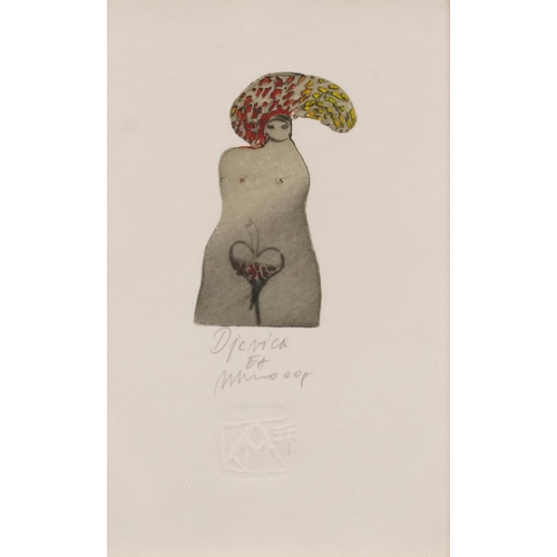 505 - Jelaca Marinko - Dievica, pencil signed drypoint etching, inscribed label verso, framed and glazed, ... 