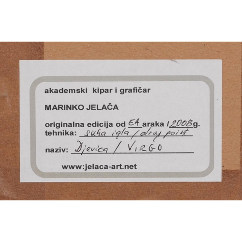 505 - Jelaca Marinko - Dievica, pencil signed drypoint etching, inscribed label verso, framed and glazed, ... 