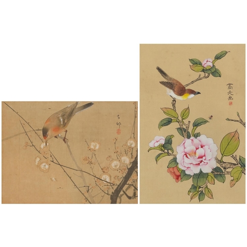 320 - Birds amongst flowers, two Chinese watercolours, one onto silk, each with character marks and red se... 