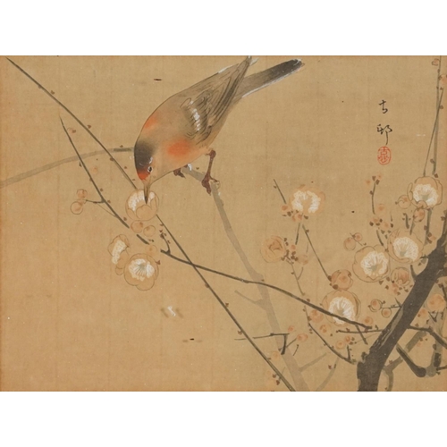 320 - Birds amongst flowers, two Chinese watercolours, one onto silk, each with character marks and red se... 