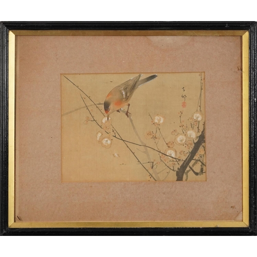 320 - Birds amongst flowers, two Chinese watercolours, one onto silk, each with character marks and red se... 