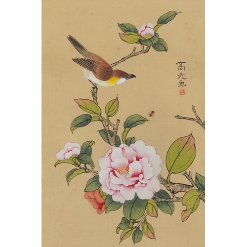 320 - Birds amongst flowers, two Chinese watercolours, one onto silk, each with character marks and red se... 