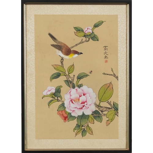 320 - Birds amongst flowers, two Chinese watercolours, one onto silk, each with character marks and red se... 