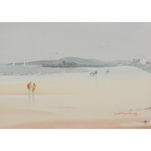 1118 - Mario Ottonello - Stone jetty and Midland Hotel at Morecambe, signed watercolour, mounted, framed an... 