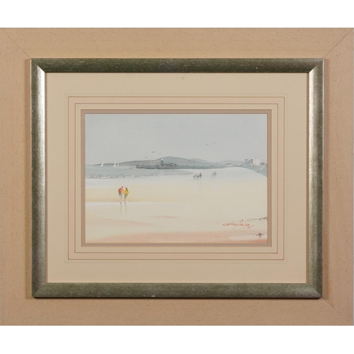 1118 - Mario Ottonello - Stone jetty and Midland Hotel at Morecambe, signed watercolour, mounted, framed an... 