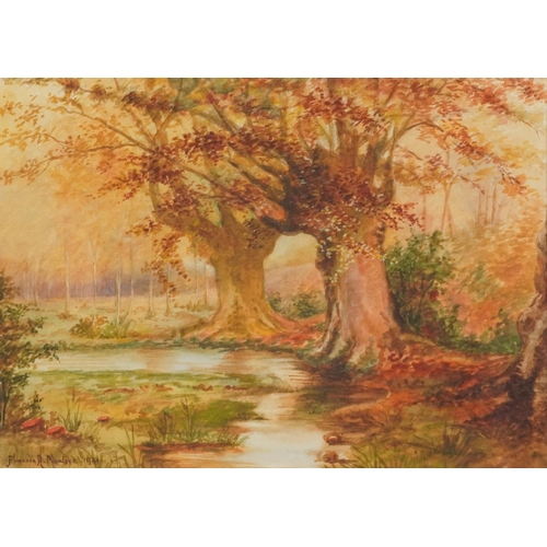 506 - Florence A Manlove 1921 - Stream through woodland, watercolour, mounted, framed and glazed, 34cm x 2... 