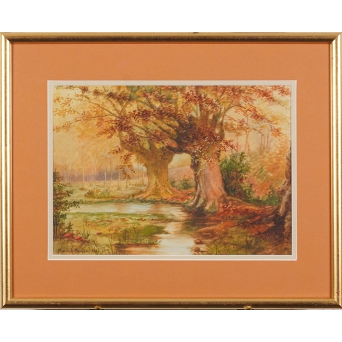 506 - Florence A Manlove 1921 - Stream through woodland, watercolour, mounted, framed and glazed, 34cm x 2... 