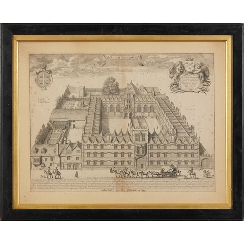 1610 - David Loggan - Trinity College, Oxford, 18th century engraving, mounted, framed and glazed, 39.5cm x... 