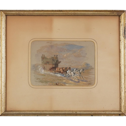 49 - Hansom Cab, 19th century heightened watercolour, inscriptions verso, mounted, framed and glazed, 26c... 