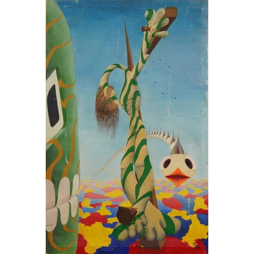 1323 - Styan 1973 - Surreal skeleton and tree, oil on canvas, unframed, 68.5cm x 43cm