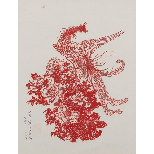 1638 - Phoenix with flowers, Chinese stencil cutting, signed with character marks and red seal marks, mount... 