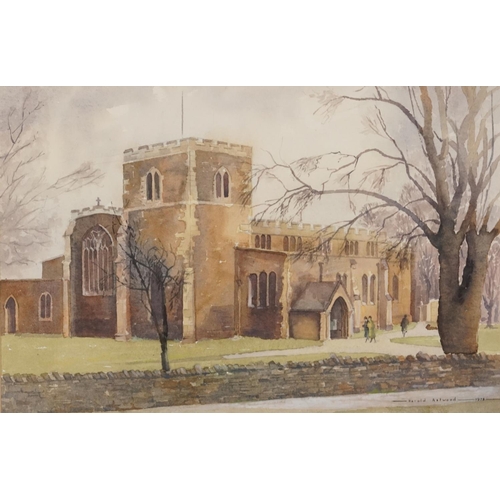 1123 - Harold Astwood 1978 - Figures entering church, watercolour, inscribed label verso, mounted, framed a... 