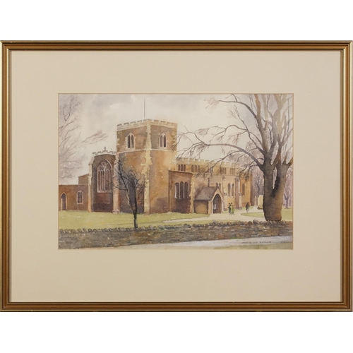 1123 - Harold Astwood 1978 - Figures entering church, watercolour, inscribed label verso, mounted, framed a... 