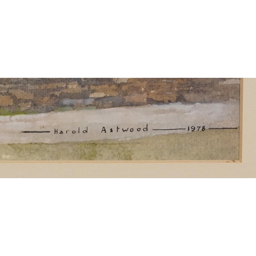 1123 - Harold Astwood 1978 - Figures entering church, watercolour, inscribed label verso, mounted, framed a... 