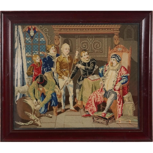 302 - Presentation of Game, 19th century tapestry, mounted, framed and glazed, 58cm x 49cm excluding the m... 