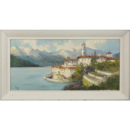 1321 - Lago di Como, Italian Impressionist oil on canvas, indistinctly signed, framed, 84.5cm x 40cm exclud... 