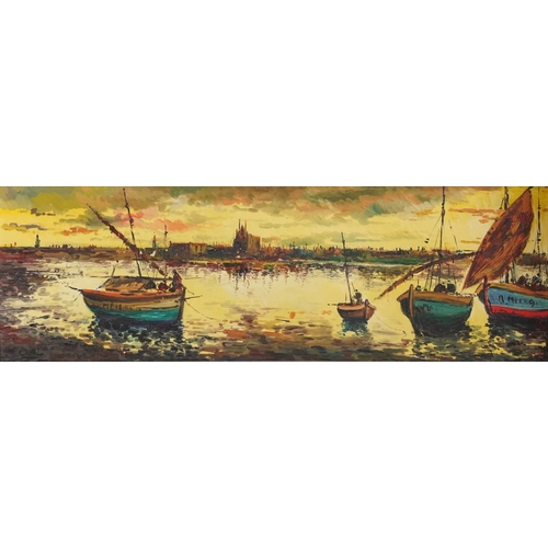 183 - Diaz - Moored fishing boats, panoramic Impressionist oil on canvas, mounted and framed,  117.5cm x 3... 