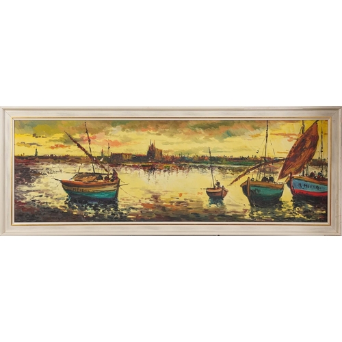 183 - Diaz - Moored fishing boats, panoramic Impressionist oil on canvas, mounted and framed,  117.5cm x 3... 