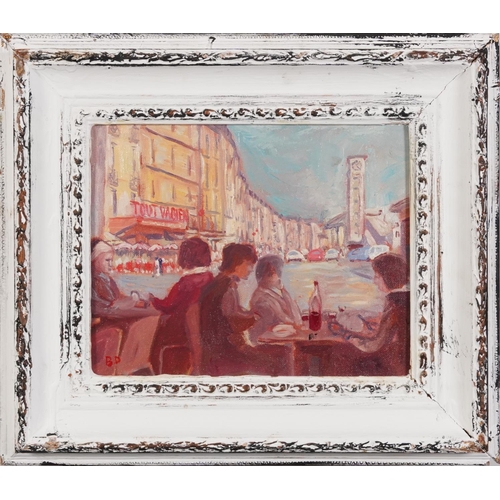 47 - French street scene, Camden school oil on canvas board, framed, 24.5cm x 19.5cm excluding the frame