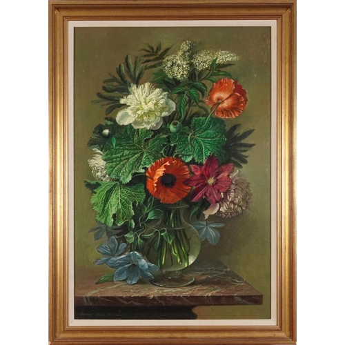 26 - G Bennett Oates 1971 - Mixed flowers in a glass vase, oil on canvas, Stacy Marks inscribed label ver... 
