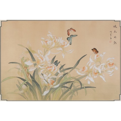 1662A - Butterflies amongst flowers, Chinese watercolour onto silk with calligraphy and red seal marks, labe... 