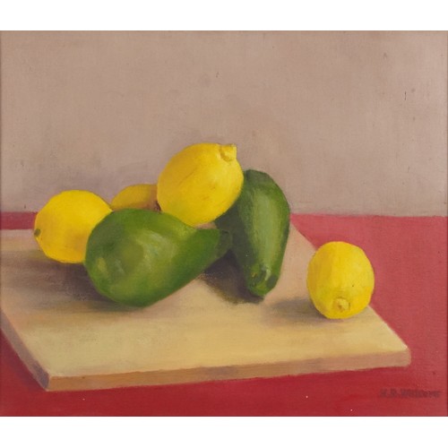 470 - H R Walters - Still life lemons and pears, oil on canvas, mounted and framed, 40cm x 34.5cm excludin... 