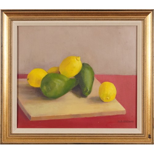 470 - H R Walters - Still life lemons and pears, oil on canvas, mounted and framed, 40cm x 34.5cm excludin... 