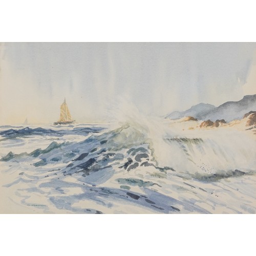 331 - G Grantham - Seascape with crashing waves, watercolour, mounted, framed and glazed, 44cm x 21.5cm ex... 