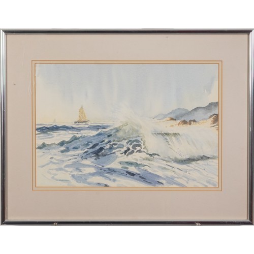 331 - G Grantham - Seascape with crashing waves, watercolour, mounted, framed and glazed, 44cm x 21.5cm ex... 